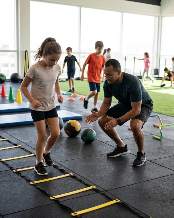 Treinador orientando crianças em atividade de agilidade com escada e mini barreiras